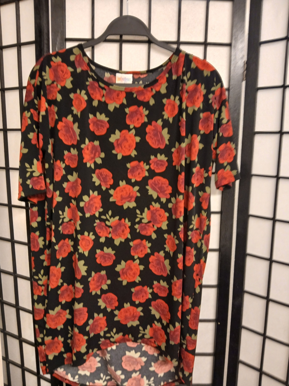 LuLaRoe Black Tunic with Red Rose Print